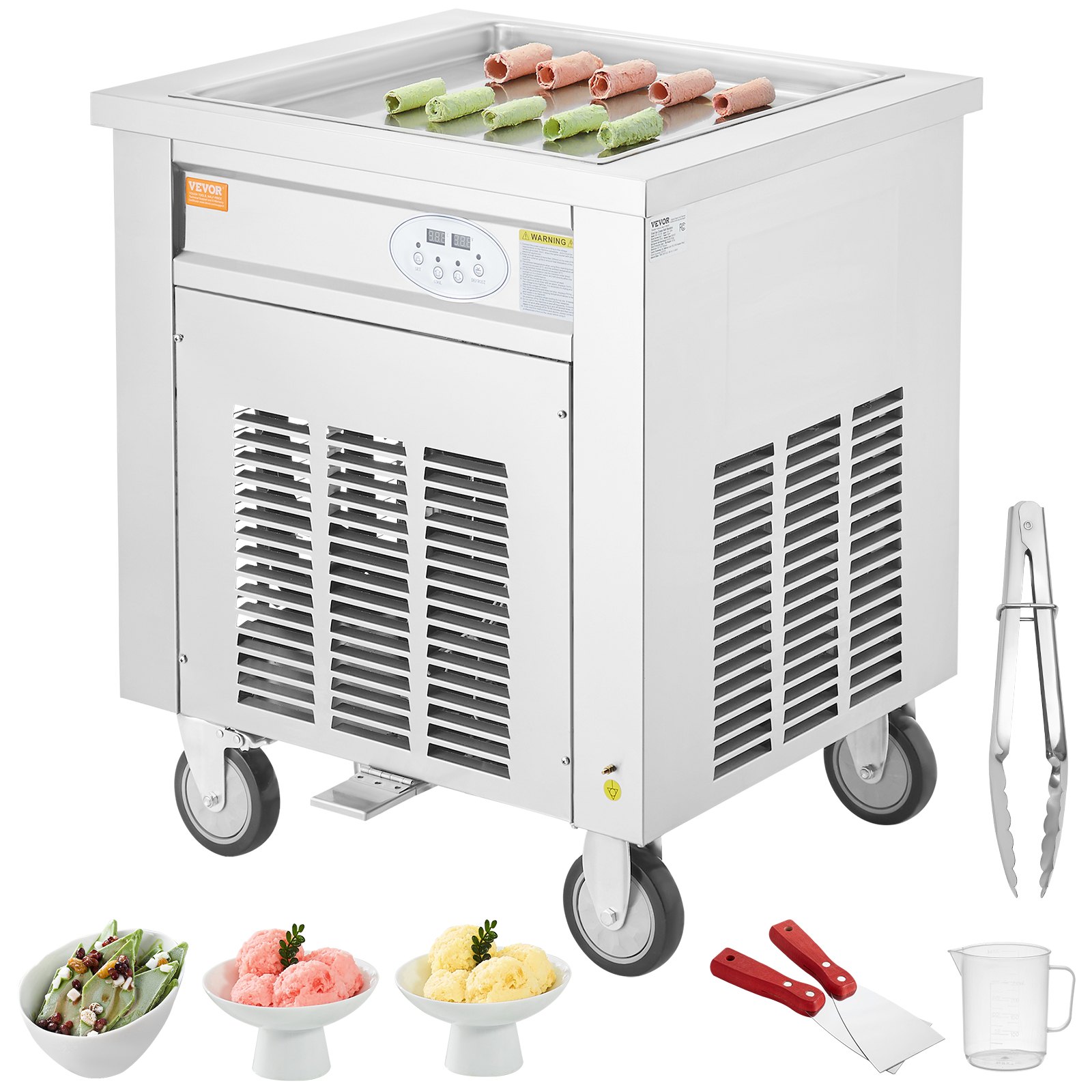 Professional rolled ice cream machine 50x50x3.5 cm Stainless Steel with Compressor and 2 Scrapers